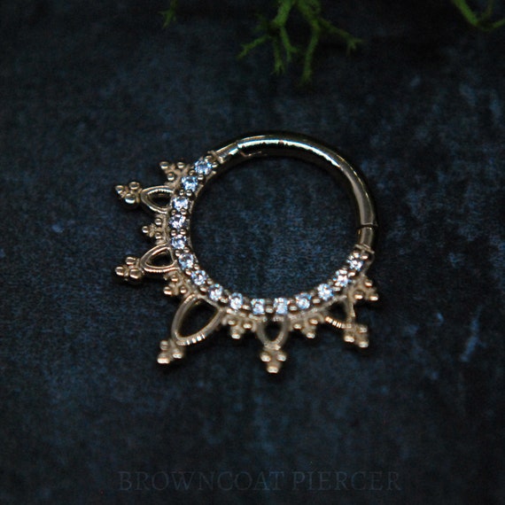 Solid 14k Yellow Gold Lace Gemmed Clicker - Segment Ring, Hinged Ring, decorative, daith, septum, helix, etc