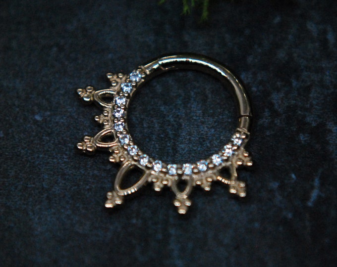 Solid 14k Yellow Gold Lace Gemmed Clicker - Segment Ring, Hinged Ring, decorative, daith, septum, helix, etc