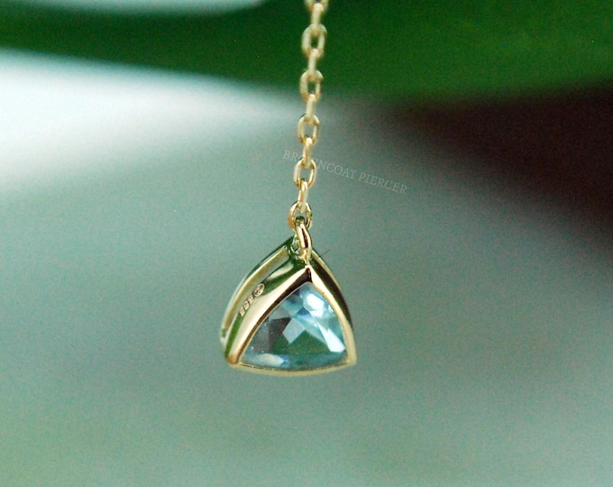 14k Yellow Gold Chain Charm, Blue Topaz, Trillion, Dangle