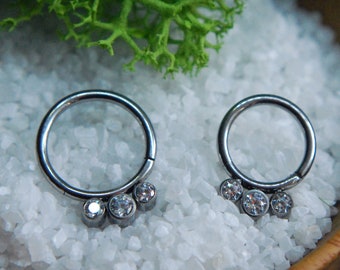 Triple Gem Titanium Hinged Segment Ring - Clicker- Daith, Septum, Helix, Nostril, earlobe, Etc.