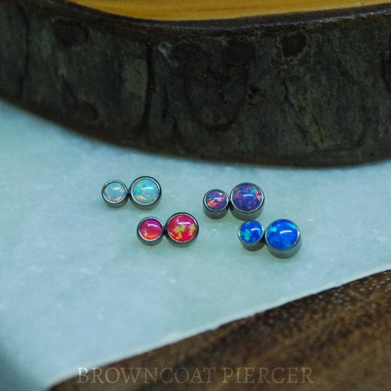 Double Gem End - Cabochon Opal - Internally threaded Implant grade titanium - 1.2mm / 16 gauge - White, Blue, Purple, Pink