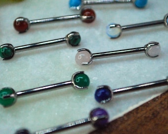 A pair of Titanium Claw Set Natural Stone End Nipple Bars - 14ga, Internally threaded barbell, double gem, multiple colour