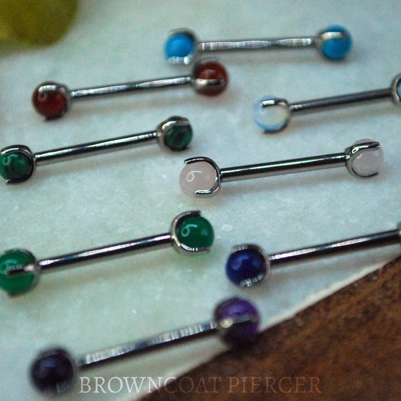 A pair of Titanium Claw Set Natural Stone End Nipple Bars - 14ga, Internally threaded barbell, double gem, multiple colour