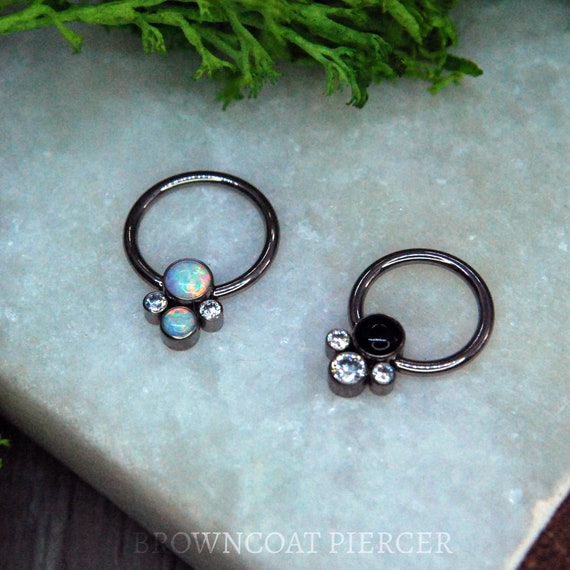 Titanium Quad Cluster BCRs - Captive Bead Rings, Crystal, White Opal or Black Onyx and CZ