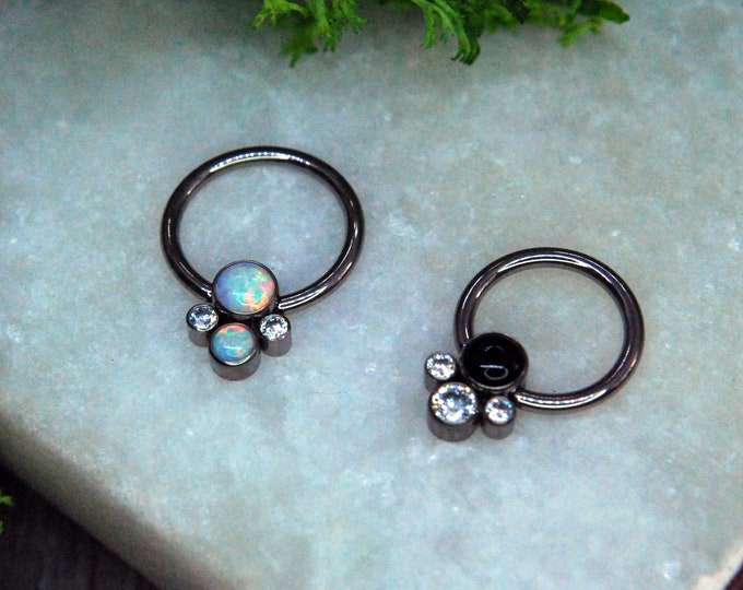 Titanium Quad Cluster BCRs - Captive Bead Rings, Crystal, White Opal or Black Onyx and CZ