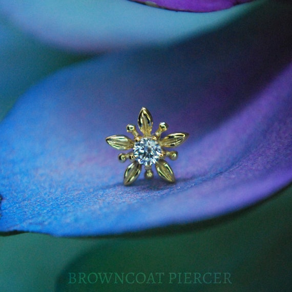 14kt Yellow Gold Flower Gemmed End - Threadless Attachment - Cubic Zirconia, CZ, Crystal, petals