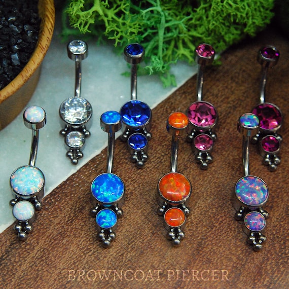 Titanium Bezel Set Couture Gem and Beaded Navel Belly Bar Opal & CZ