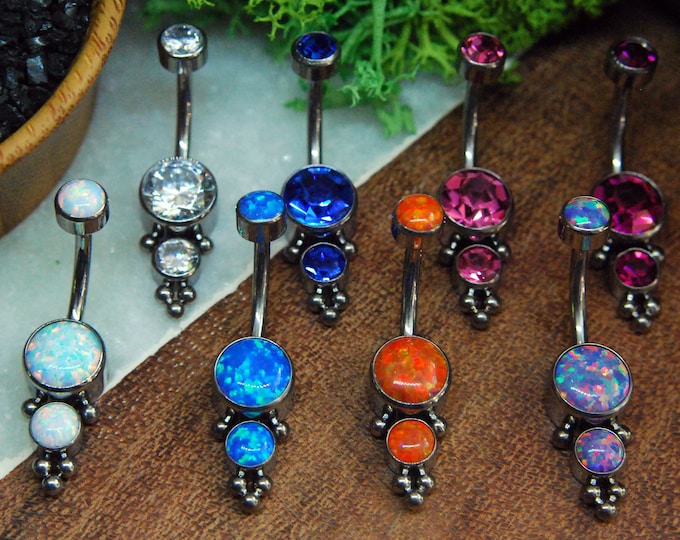 Titanium Bezel Set Couture Gem and Beaded Navel Belly Bar Opal & CZ