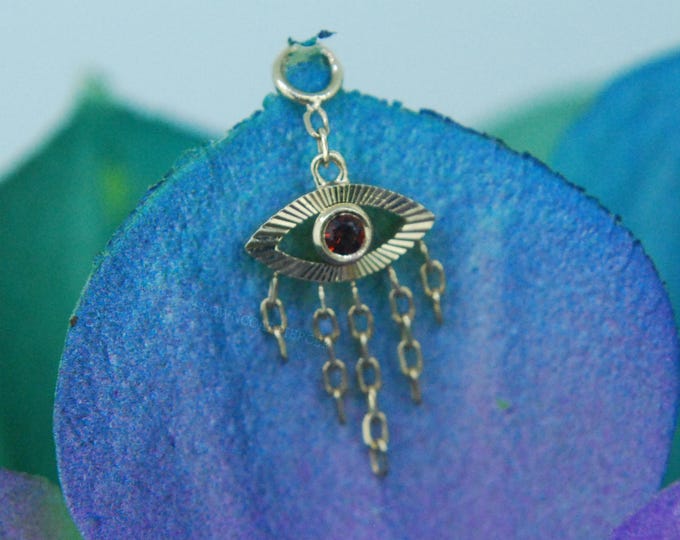 14K Yellow Gold 'Evil Eye' Charm - Garnet - Piercing Charm, Dangle, Chain