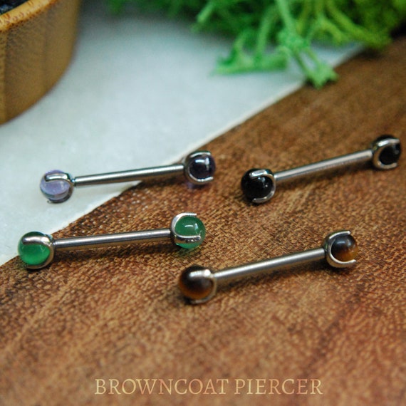 A pair of Titanium Claw Set Natural Stone End Nipple Bars - 14ga, Internally threaded barbell, double gem, multiple colour