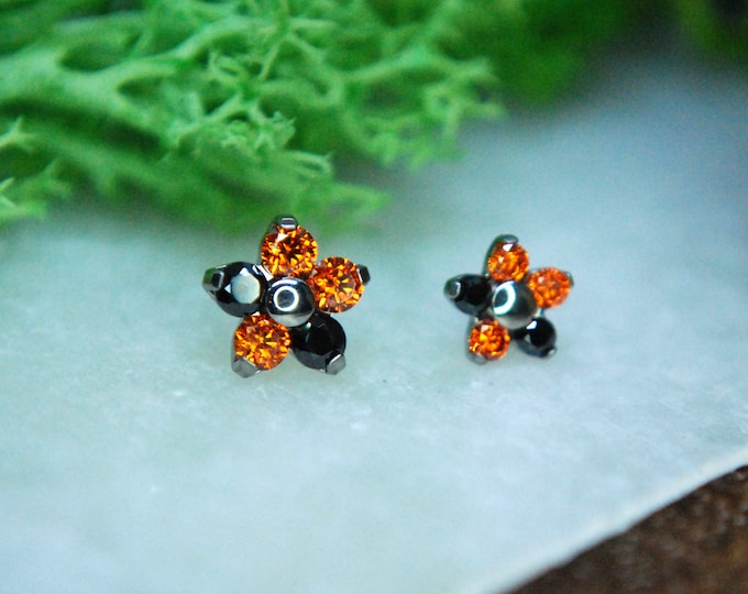 Neometal  Threadless Halloween Flower Ends CZ - 1.5mm or 2mm Gems, - Implant Grade Titanium - Black & Orange