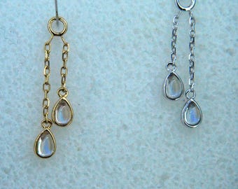 14k Gold and Moonstone Double Pear Cabochon Charm - Yellow or White Gold - chain, dangle, piercing