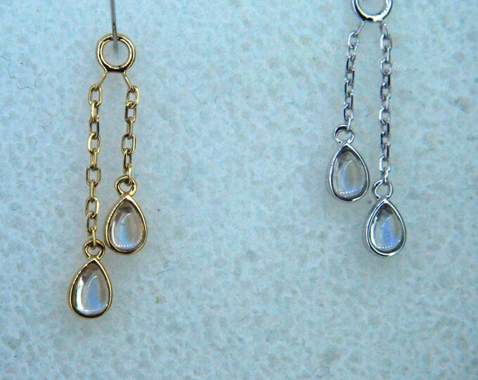 14k Gold and Moonstone  Double Pear Cabochon Charm - Yellow or White Gold - chain, dangle, piercing charm