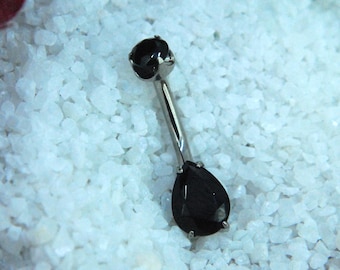 Titanium Black Onyx Prong Set Double Gem Teardrop Navel Belly Bar