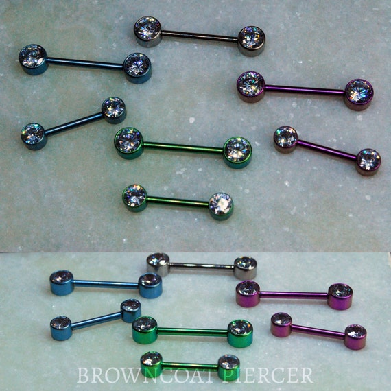 Titanium Double Gemmed Nipple Bars - 14ga, Internally threaded barbell, multiple colour cz gems