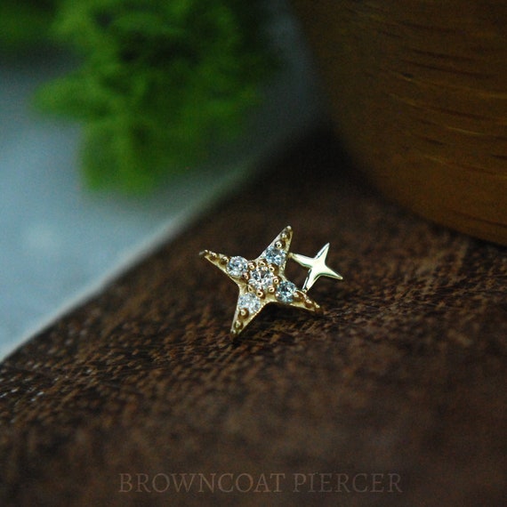 14k Yellow Gold Sparkle End - star, Cubic Zirconia, CZ attachment Internally threaded 16ga / 1.2mm or Threadless!