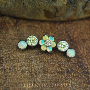Titanium Crescent Cluster Flower CZ & Opal End / Cubic Zirconia, Faux Opal, Implant grade, internally threaded attachment. 1.2mm / 16ga