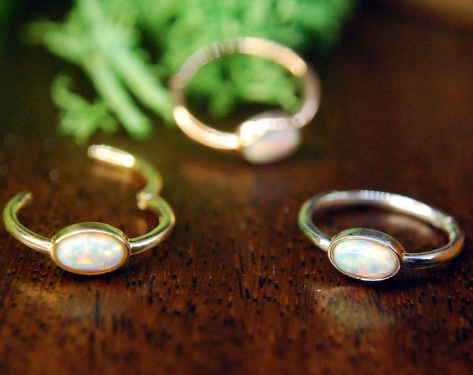 Solid Gold Clicker with Oval Opal decoration - 14k Yellow Rose or White Gold - Conch ring, helix, etc