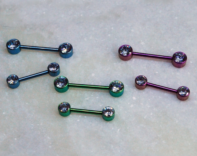 Titanium Double Gemmed Nipple Bars - 14ga, Internally threaded barbell, multiple colour cz gems