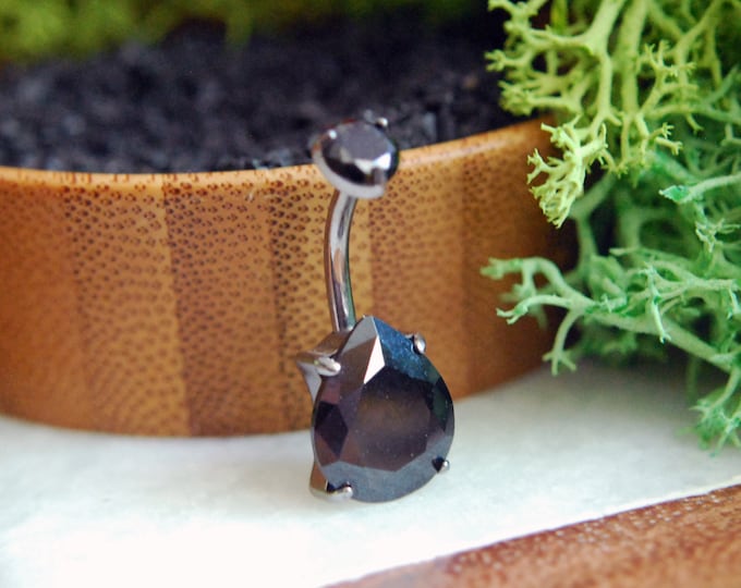 Titanium Black CZ Prong Set Double Gem Teardrop Navel Belly Bar