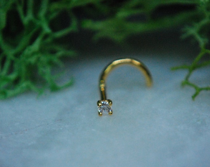 14kt Solid Yellow Gold and Cubic Zirconia Nostril Screw - CZ, Sparkle, Nose stud
