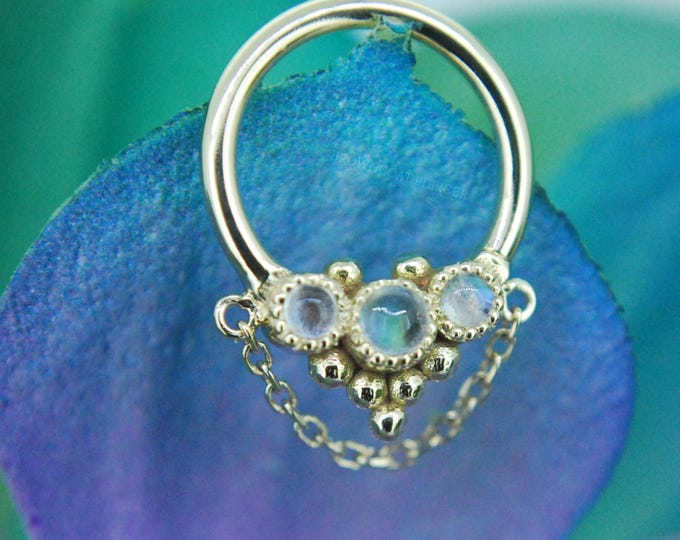14k Yellow Gold "Aegis" Seam Ring - 16ga / 1.2mm - 3/8" / 9.5mm diameter - Beaded, Chain, Moonstone & Labradorite