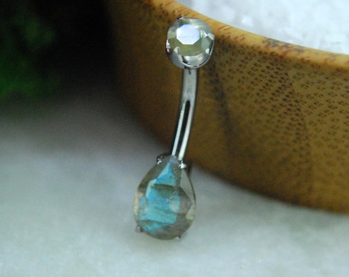 Titanium Labradorite Prong Set Double Gem Teardrop Navel Belly Bar