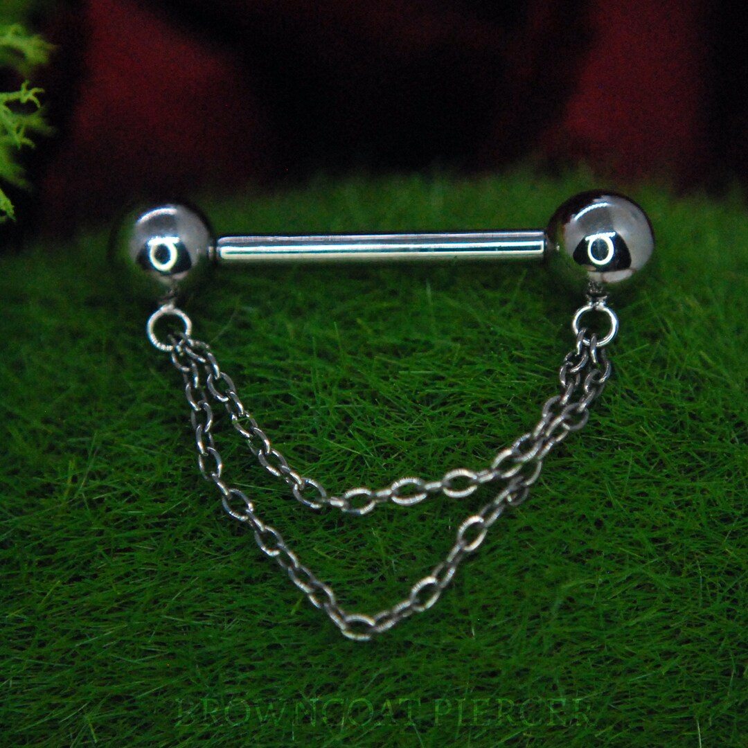 Titanium Threadless Nipple Bars With Double Chain Decoration 14ga/ 1