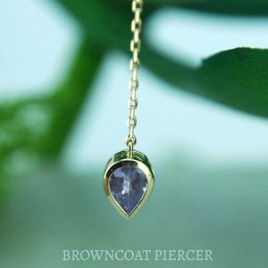 14k Yellow Gold Chain Charm, Tanzanite Teardrop, Dangle