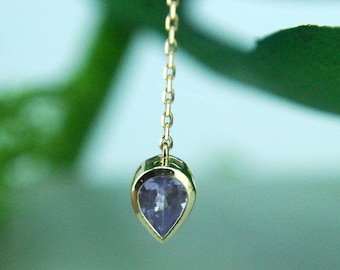 14k Yellow Gold Chain Charm, Tanzanite Teardrop, Dangle