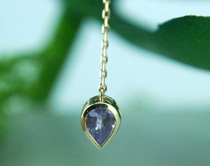14k Yellow Gold Chain Charm, Tanzanite Teardrop, Dangle
