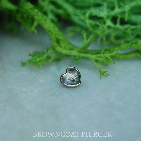 Internally Threaded Titanium Moss Agate Heart attachments, Body Jewellery. 16ga, 1.2mm