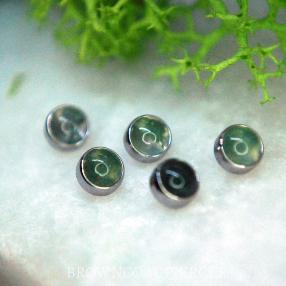 Internally Threaded Implant Grade Titanium Moss Agate Cabochon Bezel Set Ends 16g / 1.2mm