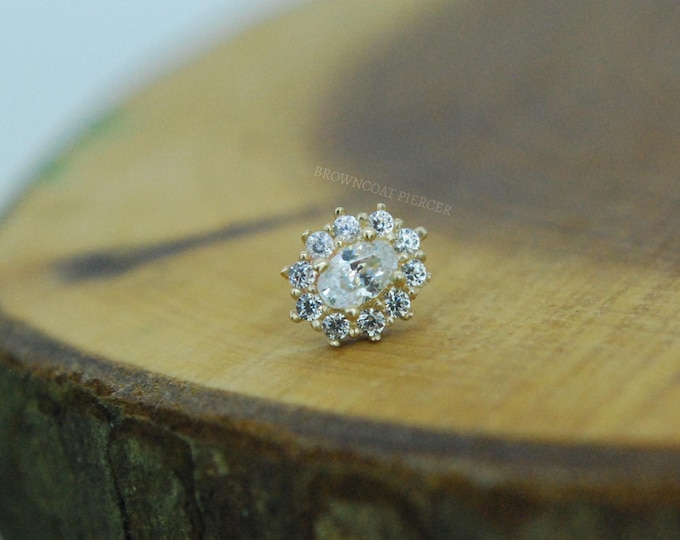 14k Yellow Gold Threadless Oval 'Halo' CZ End - CZ, Cubic Zirconia, Crystal - push fit attachment