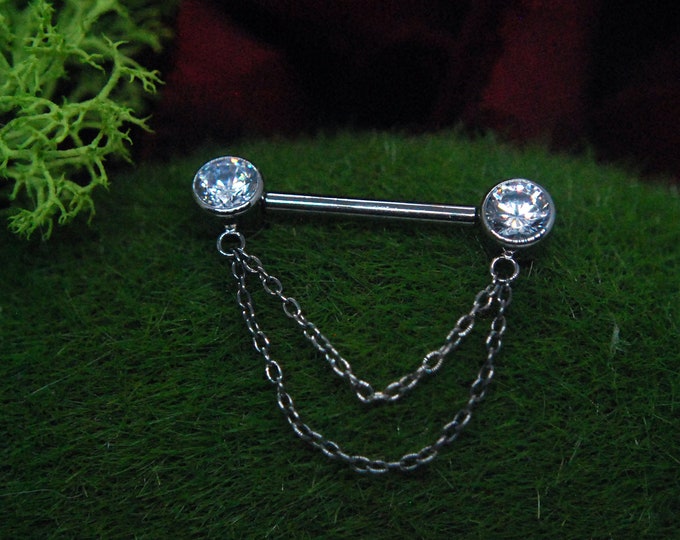 Titanium Threadless Gemmed Nipple Bars with chain decoration - 14ga/ 1.6mm, Single or Pair