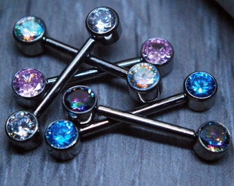 Titanium Double Gemmed Nipple Bars CZ - PAIR - 14ga / 1.6mm , THREADLESS - Cubic Zirconia