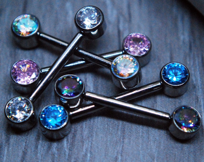 Titanium Double Gemmed Nipple Bars CZ - PAIR - 14ga / 1.6mm , THREADLESS - Cubic Zirconia, Size Options & Colour Options