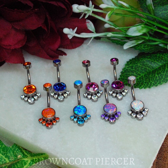 Titanium Opal & CZ Gem Clusters Implant Grade Internally Threaded Navel Bars, Colour Options