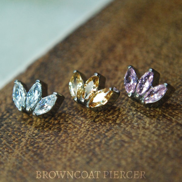 Internally Threaded Titanium Triple Fan CZ Cluster, Body Jewellery. Colour Options 16ga, 1.2mm, Crystal Gem, Marquise