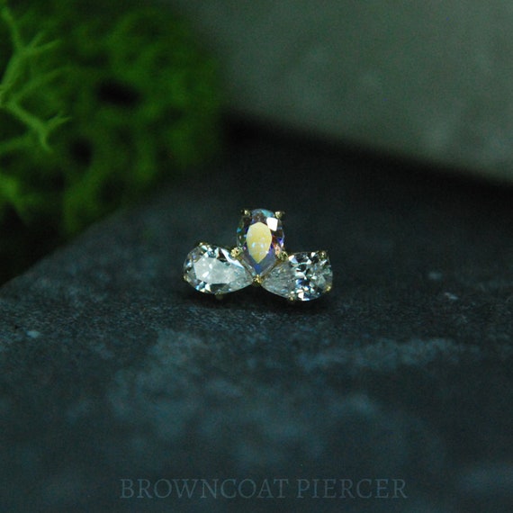 Anatometal 18k Yellow Gold Threadless Pear Fan End - push Fit CZ, Cubic Zirconia, Crystal and Aurora