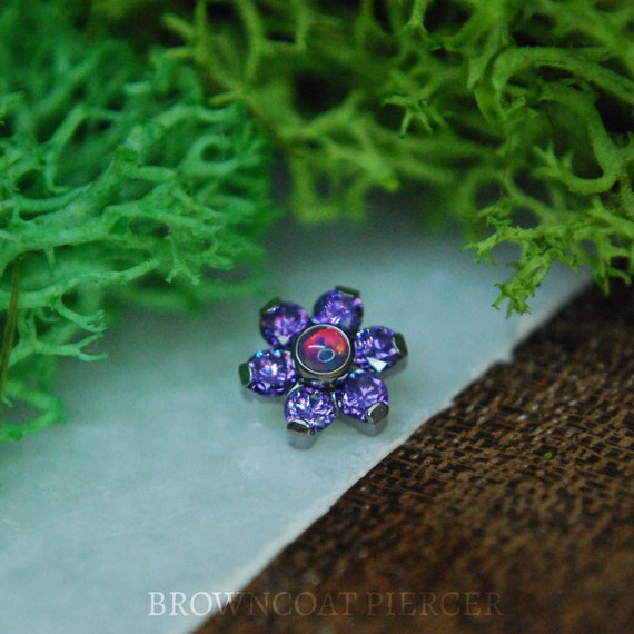 Internally Threaded Titanium Flower Cluster, Body Jewellery. Purple CZ and Lavender Opal, Cubic Zirconia,  16ga, 1.2mm