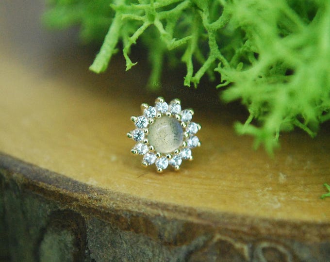 Solid 14k Yellow Gold 'Delphine'  -  Labradorite and White Sapphire Threadless End - Push Fit