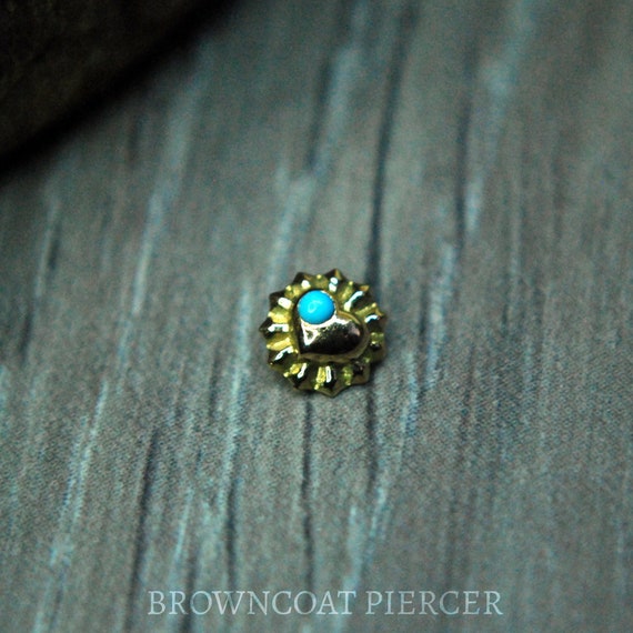 18k Yellow Gold 'Judith' Internally Threaded End with Turquoise - 1.2mm / 16ga - Heart Shaped