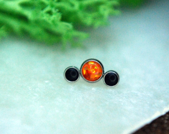 Neometal Threadless Triple Cluster Bezel Set Cabochon Ends - Halloween Orange Opal & Black Onyx - Implant Grade Titanium