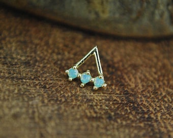 Solid 14k Yellow Gold Triangle with Triple Opalite Threadless End - Crystal CZ - Cubic Zirconia