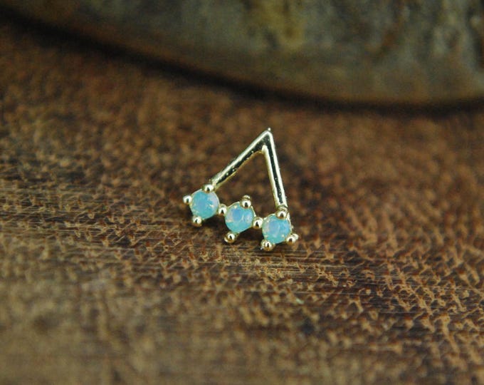 Solid 14k Yellow Gold Triangle with Triple Opalite Threadless End - Crystal CZ - Cubic Zirconia, Opalite, Push fit