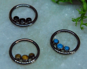 Triple Inner Gem Titanium Hinged Segment Ring with Natural Stones - Clicker- Daith, Septum, Helix, Nostril, earlobe, Etc.