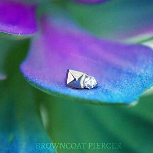 May include: A silver-toned metal body jewelry piece featuring a pyramid-shaped stud and a small, clear, round-cut gemstone. The text BROWNCOAT PIERCER is visible on the surface of the jewelry piece, which rests on a vibrant purple and blue petal.
