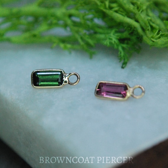 14K Yellow Gold Emerald Cut Faceted Gemstone Bezel Charm - Tourmaline Pink or Green