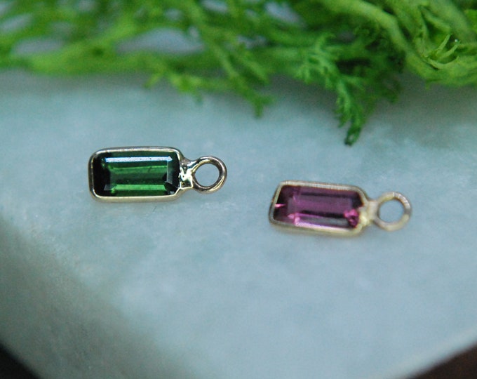 14K Yellow Gold Emerald Cut Faceted Gemstone Bezel Charm - Tourmaline Pink or Green